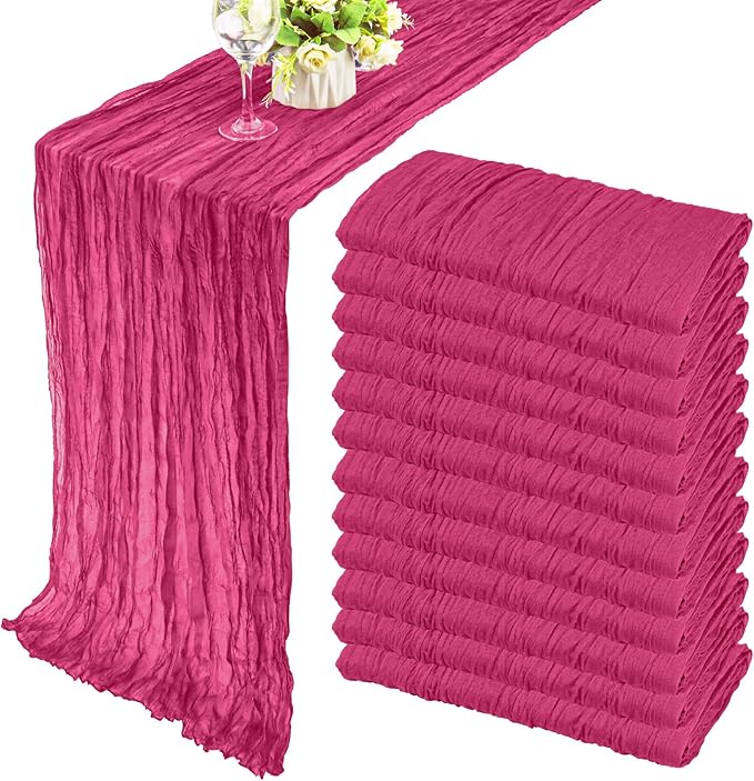 12 Pack Boho Gauze Table Runner - 35x120 Inch Rustic Cheese Cloth Long Runner for Wedding, Bridal Shower, Birthday Party Decor (Hot Pink)