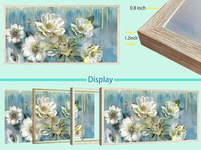 Ardemy Teal Canvas Wall Art Large Framed Magnolia White Floral Pictures Wall Decor Textured Painting Flowers Turquoise Artwork for Living Room Bedroom Dining Room Home Office, 58"x29"
