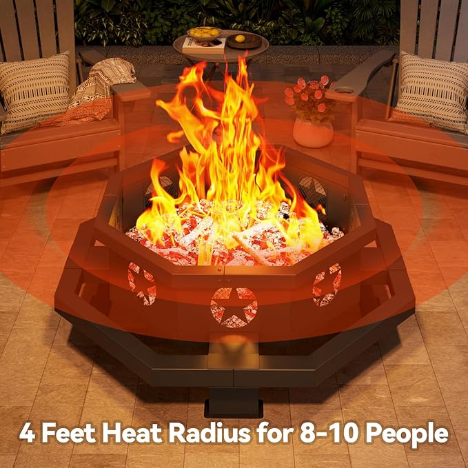 ZIENLIFE 43 Inch Fire Pit for Outside Wood Burning, Outdoor Octagonal Fire Pit with Poker, Large Firepit for Camping, Backyard, Patio, Black