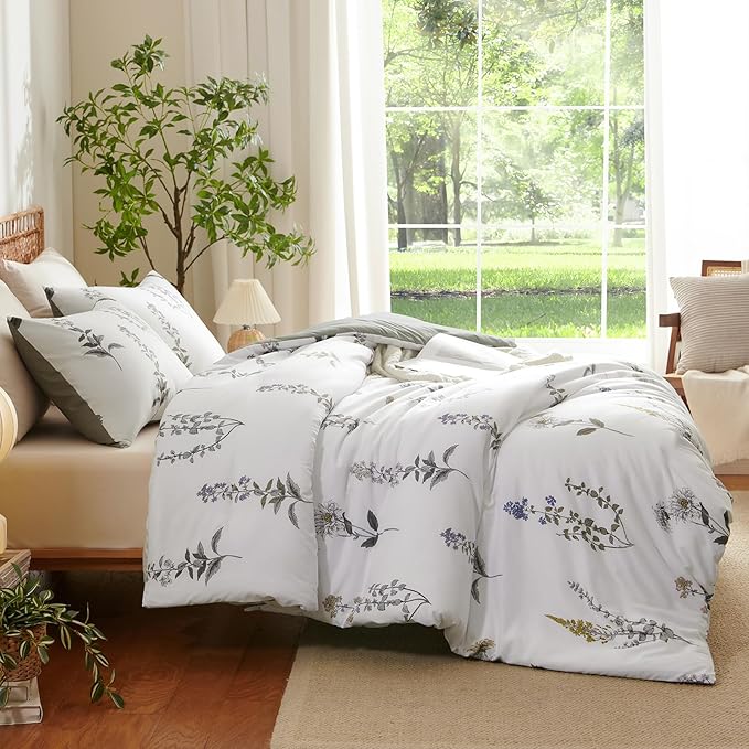 Nayoroom Floral Duvet Cover Queen Size White Green Botanical Flower Cottagecore Bedding Set 3 Pieces Soft Lightweight Reversible Aesthetic Duvet Cover with Zipper Closure