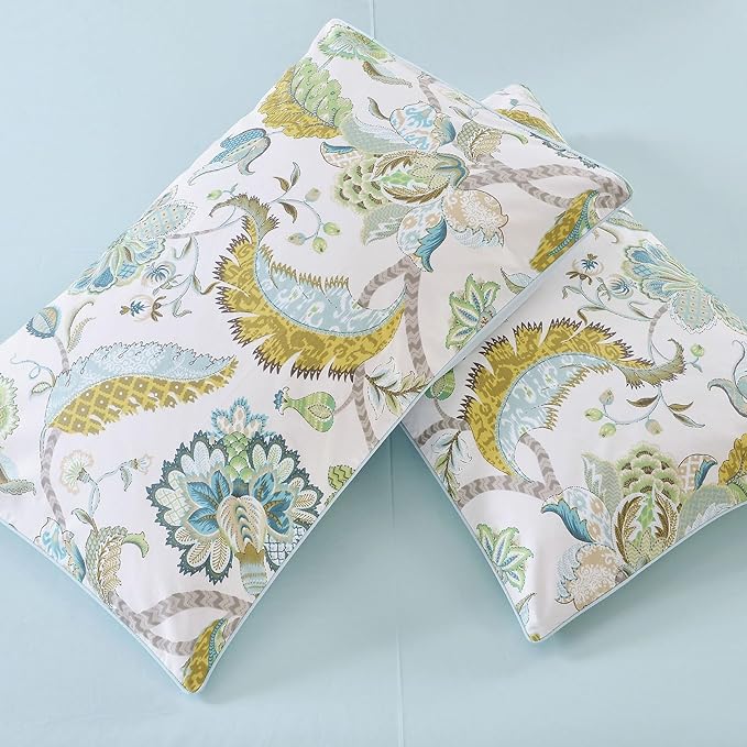 mixinni Cotton Print Paisley Duvet Cover for Queen Size Bed Green Floral Duvet Cover Set Reversible Design Blue Bedding Set 1 Duvet Cover 2 Pillowcases for Him and Her- (3pcs, Queen Size)