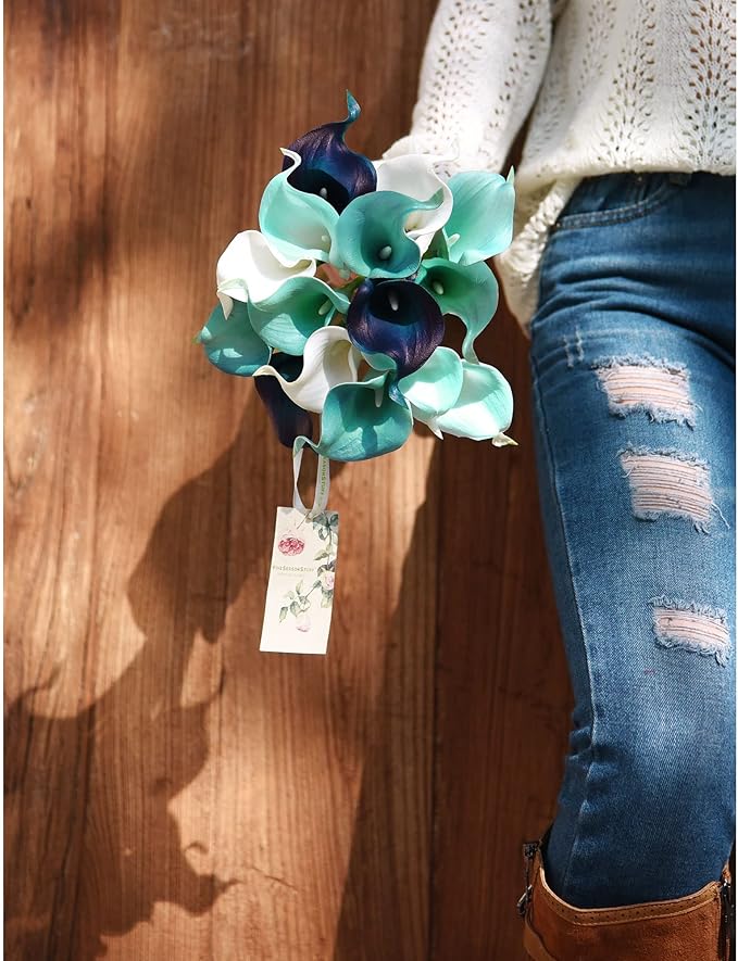FiveSeasonStuff Real Touch Calla Lily Artificial Flowers Wedding Bridal Bouquet | Floral Arrangements | 15 Calla Lilies (Posh Blue Mix)