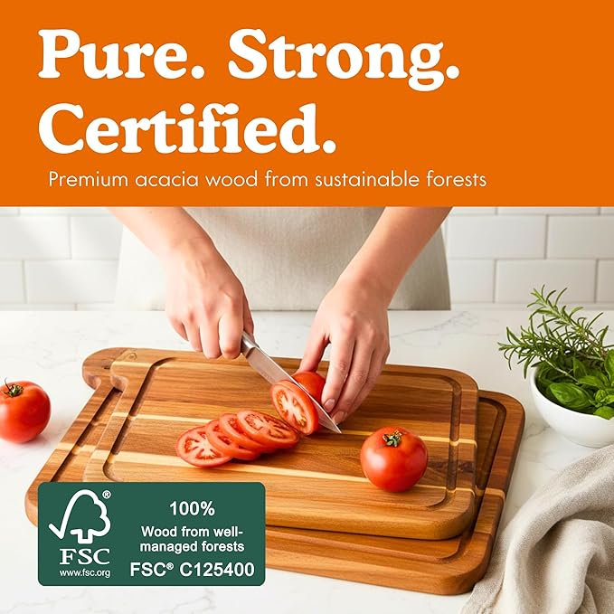 Non Toxic Cutting Boards - Cutting Board Set Free of Mineral Oil, Made of FSC Acacia Wood - Cutting Boards for Kitchen - Includes 3 Chopping Boards. By Ziruma