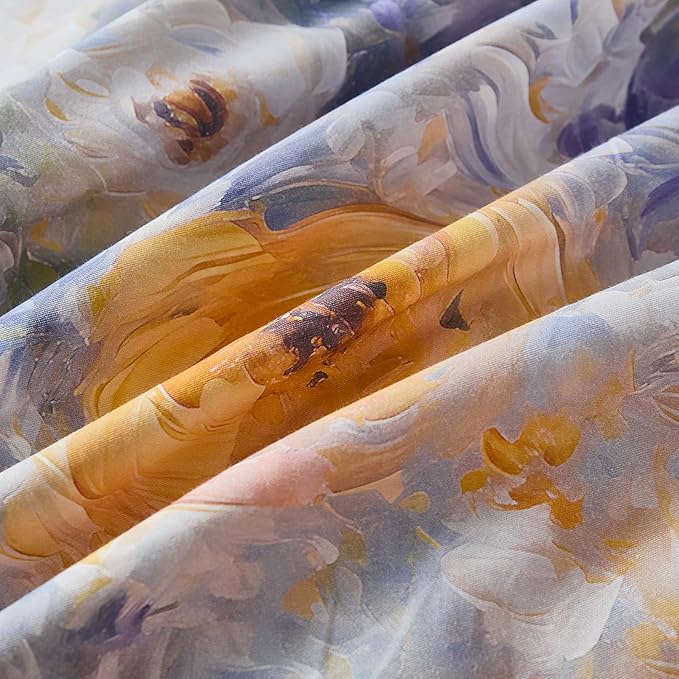 100% Cotton Duvet Cover King Size – Impressionist Natural Yellow & Blue Floral Duvet Cover Set with Zipper Closure, 3-Piece Soft Breathable Durable Percale Cotton Bedding Set for All Seasons
