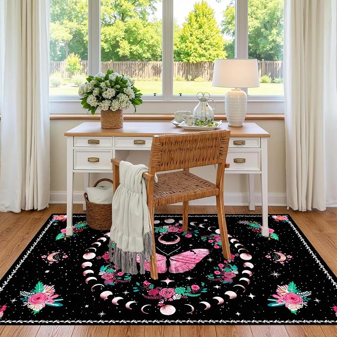Pink Butterfly Area Rug 2'x3' Moon Phase Floral Rugs for Entryway Bedroom Living Room Kitchen Home Decor Boho Gothic Butterfly Carpet Non-Slip Washable Floor Mat