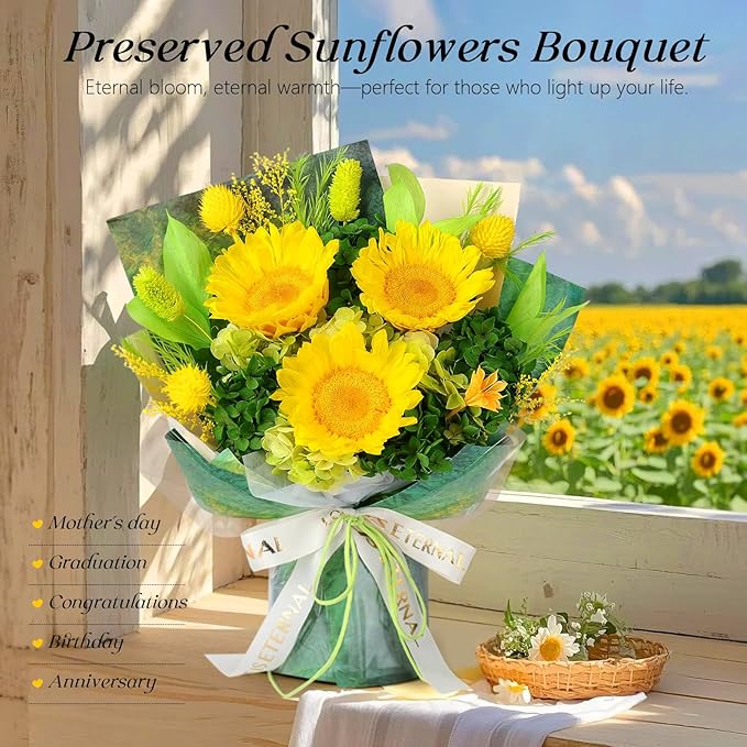 Preserved Sunflower Bouquet - Forever Flowers for Delivery, Long-Lasting Flower with Gift Box, Eternal flowers Bouquet for Mothers, Mom, Wife Anniversary Birthday Gifts for Women and Her