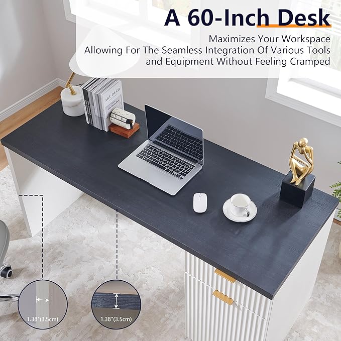 JXQTLINGMU 60" Modern Executive Desk with Storage, Wood Home Office Desk with Drawer & Cabinet, Fluted Computer Writing Desk for Study, Living Room, Bedroom, Antique White