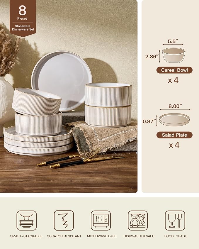 8-Piece Plates and Bowls Sets for 4, Cappuccino White | Handcrafted reactive glaze stoneware dinnerware. Chip & scratch resistant. Microwave & dishwasher safe. Everyday/formal use.