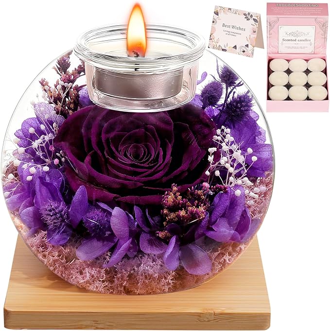 Eternal Preserved Real Rose, Glass Dome Gift Set with 18 Scented Candles (9 Rose,9 Vanilla), Mother's Day Valentine Christmas Birthday Gift for Women Mom Girlfriend Wife Home Decor (Dark Purple)