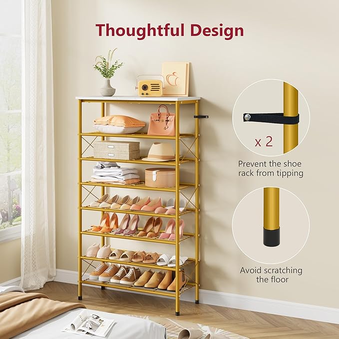 Tajsoon 8 Tier Shoe Rack Organizer for 28-32 Pairs of Shoes, Metal Mesh Shoe Shelf for Closet, Industrial Shoe Rack for Entryway Shoe Storage with X Shape Fixed Frame, White & Gold