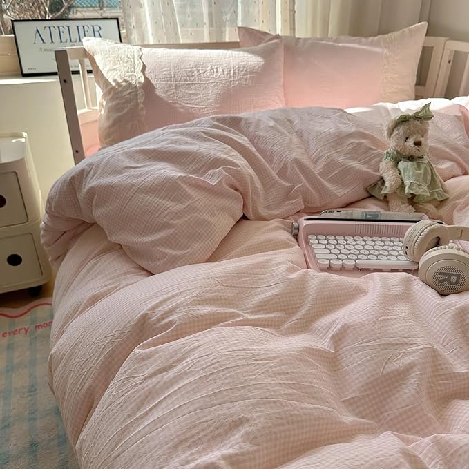 LifeTB Pink Gingham Duvet Cover Full Size 3 Pieces Romantic Lace Duvet Cover Pink Plaid Checkered Comforter Cover with 2 Pillowcases Soft Breathable Microfiber Grid Farmhouse Plaid Bedding Set