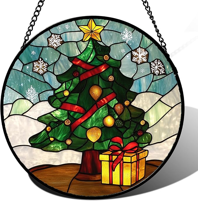 Stained Glass Window Hanging Green Christmas Tree Snowflake Large 15" - Suncatcher Door Garden Sun Catcher Xmas Holiday Decor Birthday for Mom Men Woman Friend Nana