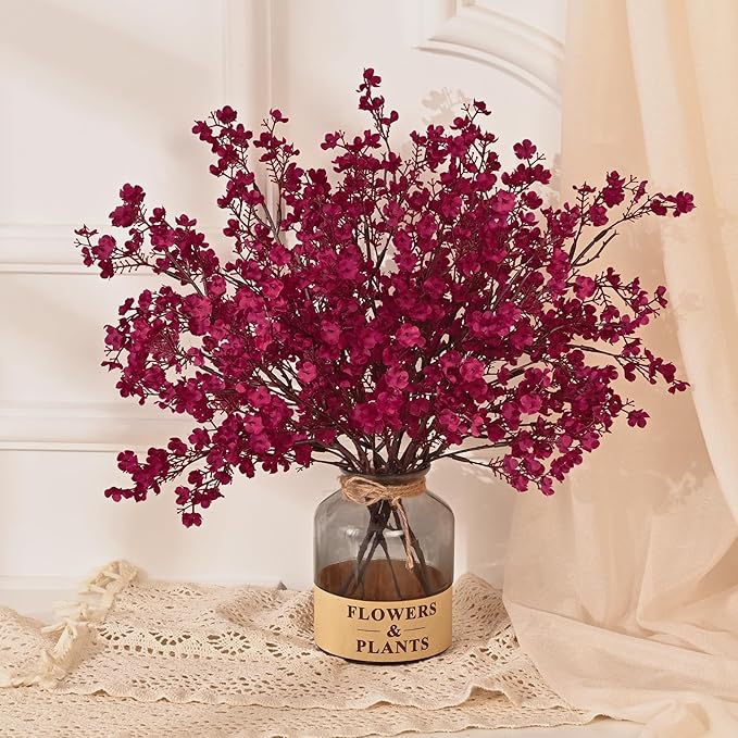 Yastouay Fake Fall Flowers Real Touch Silk Flowers, 15Pcs Fall Burgundy Artificial Flowers for Decorations, Babys Breath Artificial Flowers Bulk for Thanksgiving Fall Decor Floral Arrangement