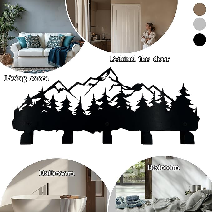 ZORISE Metal Mountain Coat Hooks and Key Holder, Mountain Design Wall Art Decor, Clothes Hat Rack, and Backpack Hanger, Storage Decor for Living Room, Hallway, Office, Kitchen, Entryway, and Bedroom