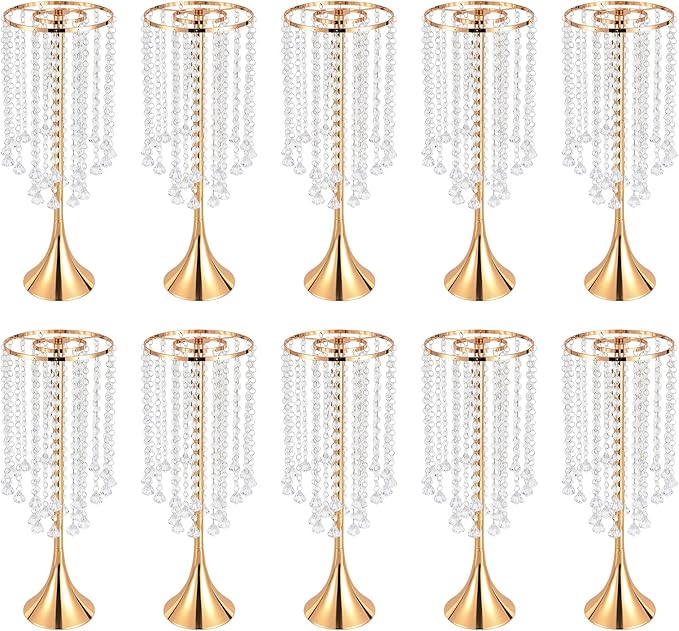 10 Pack Acrylic Crystal Flower Vases, Trumpet Shape Centerpiece with Hand-Strung Beads, Flower Stand Wedding Centerpieces on Floor for Wedding Aisle Decor, Event Centerpieces Decoration (Gold)