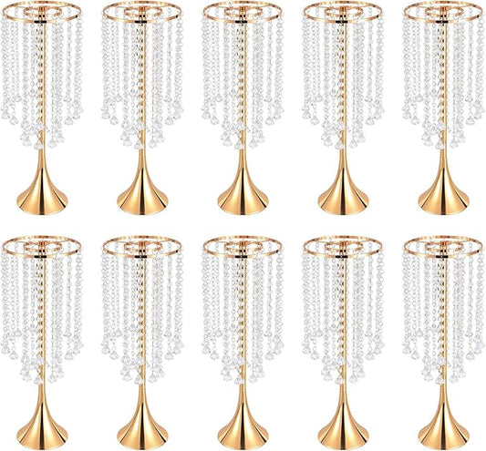 10 Pack Acrylic Crystal Flower Vases, Trumpet Shape Centerpiece with Hand-Strung Beads, Flower Stand Wedding Centerpieces on Floor for Wedding Aisle Decor, Event Centerpieces Decoration (Gold)