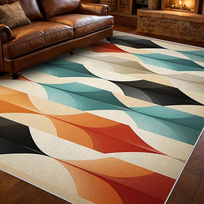 Mid Century Modern Area Rug 6x8, Washable Non Slip Low Pile Abstract Geometric Carpet for Living Room Bedroom Dining Room, Contemporary Retro Accent Rug, Ivory Teal Orange Black