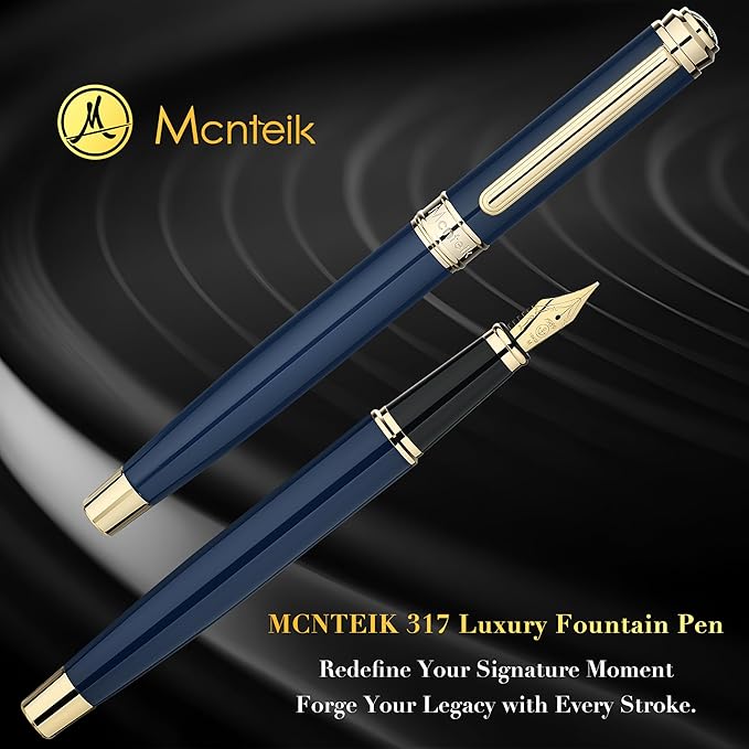 MCNTEIK 317 Fountain Pen,Stunning Luxury Piano Lacquer,18K Gilded Nib(Medium),Gorgeous 24K Gold Finish, Ink Converter,Nice Gift for Men&Women-Elegant,Executive,Fancy Pens for Writing, BU-M