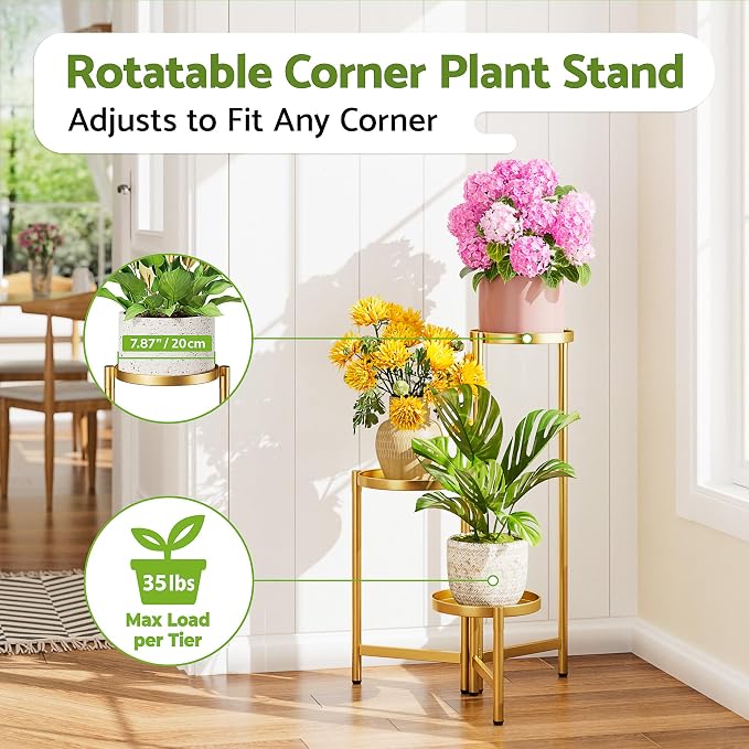 3 Tier Gold Plant Stand Indoor with 7.9 Inch Wide Tray, 3-Tiered Corner Metal Outdoor Flower Holder Stand, Folding Tall Rack for Display Shelf for Patio Porch Balcony - GoldDisk