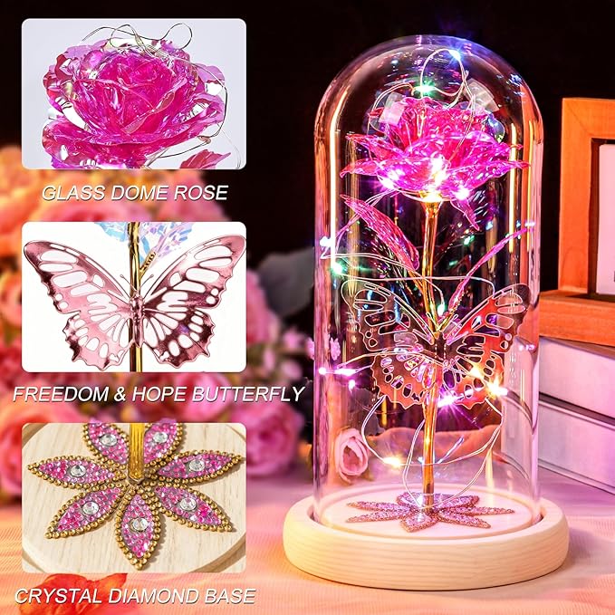 Beferr Christmas Birthday Gifts for Women, Mom Gifts for Christmas Galaxy Glass Rose Forever Preserved Flowers for Delivery Prime Rose in Glass Dome Xmas Gifts for Grandma Wife Sister Her, Pink