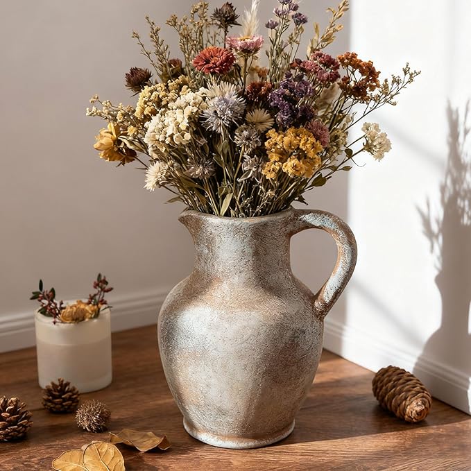 Ceramic Rustic Farmhouse Vase with Handle, Terracotta Vase, Minimalist Decorative Vases for Home Decor, Table, Living Room, Shelf, Christmas Decoration(Terra)