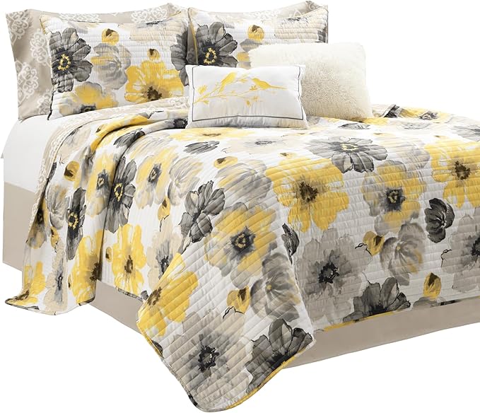 Lush Decor Leah Reversible Floral Quilt Set, 8 Piece Set, Full/ Queen, Yellow & Gray - Charming Floral Bedding Set With Pillow Cases, Decorative Throw Pillows & Bed Skirt- Large Watercolor Flowers