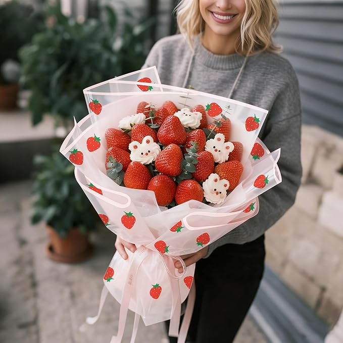 WRAPAHOLIC 20 Sheets Flower Wrapping Paper - 22.4 x 22.4 inch White Strawberry Water-Resistant Floral Bouquet Wrapping Paper, Florist Supplies Packaging for Graduation Ceremony Gift DIY