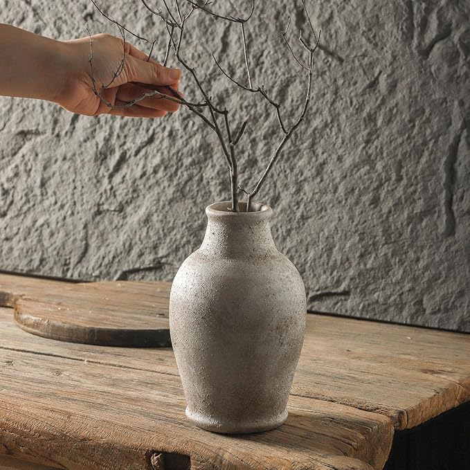 Handmade Rustic Ceramic Decorative vase, 8.3 x 5.5 inches, Off-White, Handcrafted in Vintage Style, Complements Rustic, Country, and Various Decor Themes.
