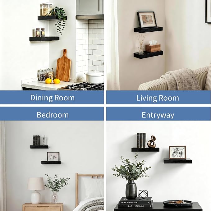 Floating Shelves Bathroom for Wall, Bathroom Shelves Over Toilet, Wall Shelves & Book Shelf, Hanging Shelf, Modern Wooden Wall-Mounted Small Floating Shelves, 12x7x1.5 in (Black, Set of 2)