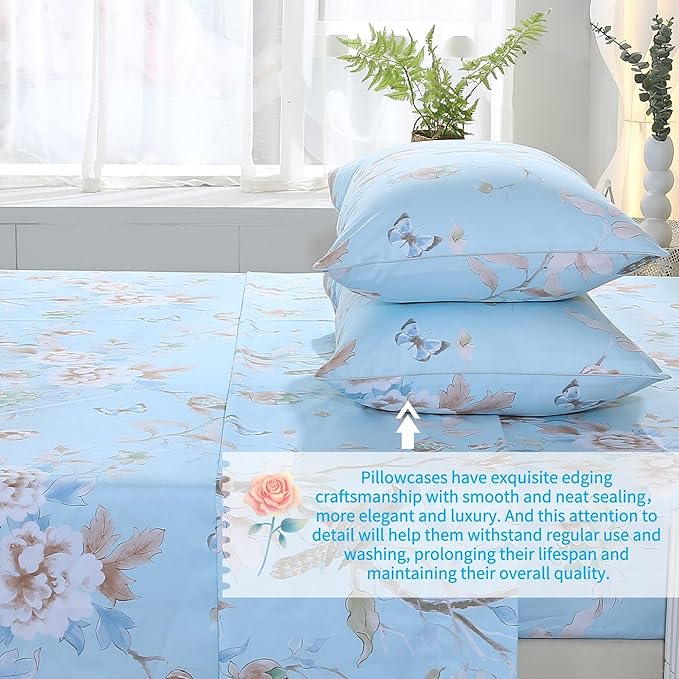 RYNGHIPY Egyptian Cotton Bed Sheet Set Blue Bird Botanical Pattern Bed Sheets Deep Pocket Fitted Sheet Tree Branches Print Bedding Soft Breathable (Light Blue,King Size)