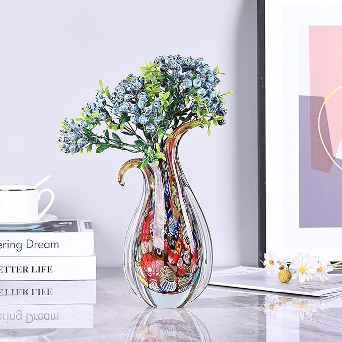 Hand Blown Glass Vase – Oval Decorative Art Glass for Centerpieces, Murano Inspired Decor for Dining Room, Entryway Table, or Shelf, Handmade Glass Vase for Home Display (Teal)