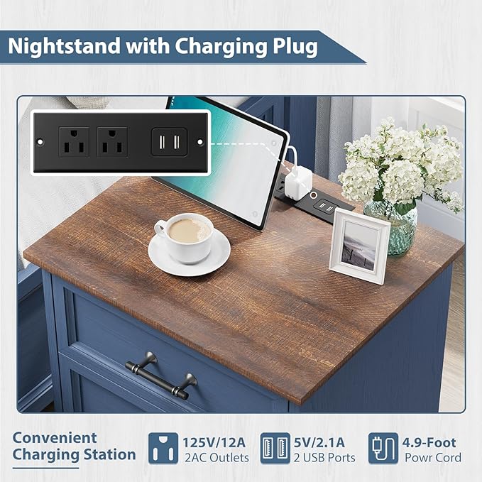 Blue Nightstand with Charging Station, 19.7" Farmhouse End Table with 3 Drawers Storage, Wooden Night Stand, Bed Side Table with Unique Base Design, 3 Drawer Dresser for Bedroom, Living Room