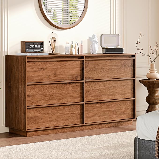 55.12" Modern Chest of Drawer, 6 Deep Drawers,Clothes Organizer,Large Storage Cabinet for Living Room, Bedroom,Dresser TV Stand, Wood Drawer Organizer for Living Room, Hallway, Umber