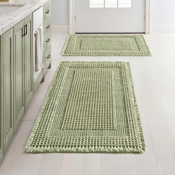 MIULEE Set of 2 Waffle Bathroom Rugs, Boho Bath Rug Super Absorbent, Non Slip Washable Ultra Soft Rubber Backed Shower Bath Mats for Floor, Tub, Shower, Looped Design, Sage Green, 17"x24"+18"x30"