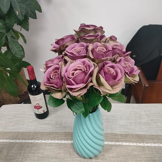 Fall Purple Satin Roses,12 Pcs Purple Roses Flowers, Silk Floral,Artificial Flowers with Stems for Wedding Arrangement Centerpieces Party Home Table Decorations,Flores Artificiales