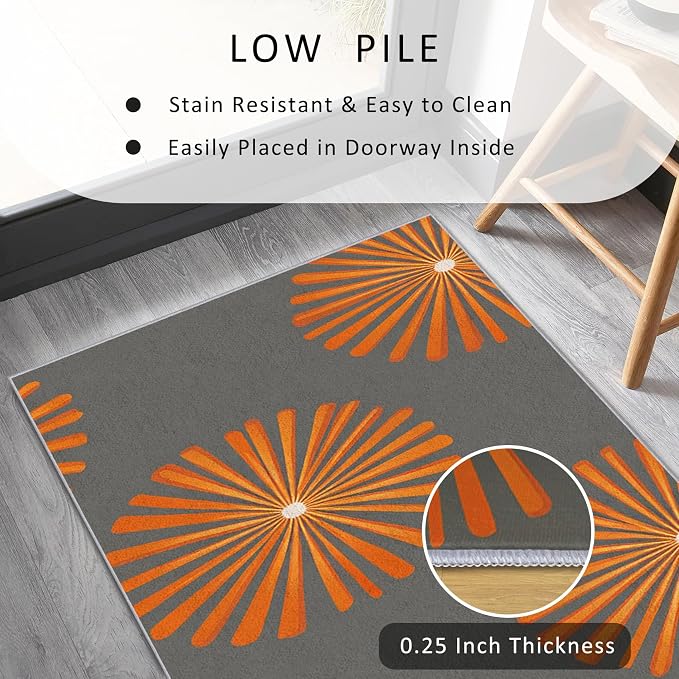 Mid Century Modern Runner Rug 4x8, Sunburst Starburst Design, Retro Geometric Area Rug, Washable Non-Slip Floor Carpet Runner for Bedroom, Dining Room, Living Room Aisle