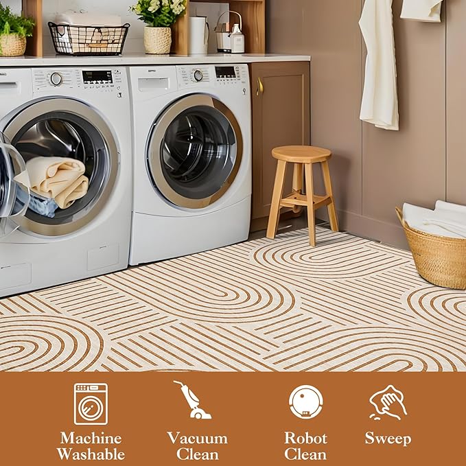 Washable 5x7 Modern Rainbow Small Area Rugs for Bedroom Low Pile Geometric Abstract Line Rug Soft Nursery Kids Room Carpet Thin Foldable Neutral Area Rug for Apart Dorm Kitchen, Orange