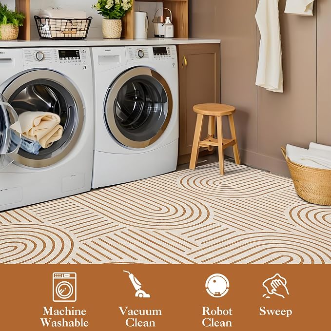 Washable 6x9 Lines Area Rug for Living Room Modern Geometric Abstract Accent Rug Non Slip Office Modern Carpet Thin Foldable Boho Rainbow Indoor Carpet for Bedroom Dining Room Kitchen, Orange
