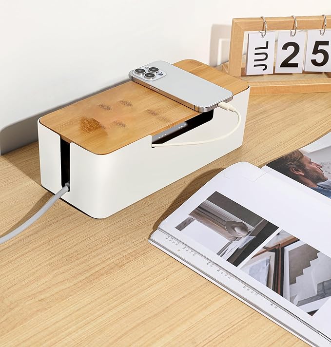 BUYSK ABS Cord Organizer Box with Wooden Lid, Cable Management Box for Power Strips or Surge Protectors, Desk Cable Tidy Box for Office Home(White)