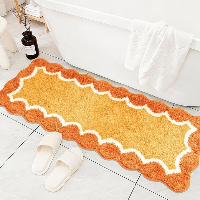 Scalloped Orange Bathroom Rugs Mat,Non Slip Absorbent Quick Dry Bath Mats for Shower Room,Plush Microfiber Bath Rug for Bathroom Floor Washable Carpet for Shower Tub Sink Bedroom,17"x47"