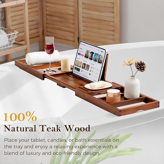 Teak Bathtub Tray for Tub, Expandable Bath Tray 28–40in, Foldable Bathtub Caddy with Wine Glass Holder, Phone & Book Stand, Wooden Bath Tray Organizer, Luxury Bathroom Accessories Gift - Light Walnut