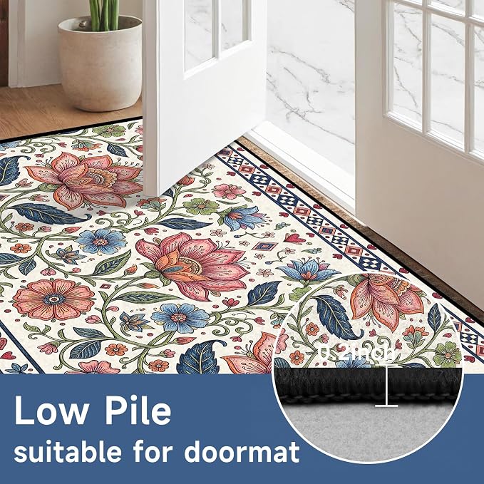 2'x3' Boho Floral Area Rug Vintage Colorful Botanical Carpet Non-Slip Washable Rugs for Entryway Bedroom Living Room Nursery Kitchen Playroom Home Decor