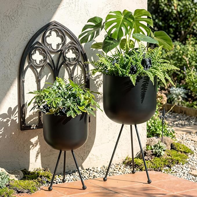 Frienda 2 Pack Mid Century Modern Decor Mid Century Modern Planter Metal Flowerpot with Stands Stylish Floor-Standing Flowerpot for Boho Home Office Indoor Outdoor Decor 20", 18" h (Black)
