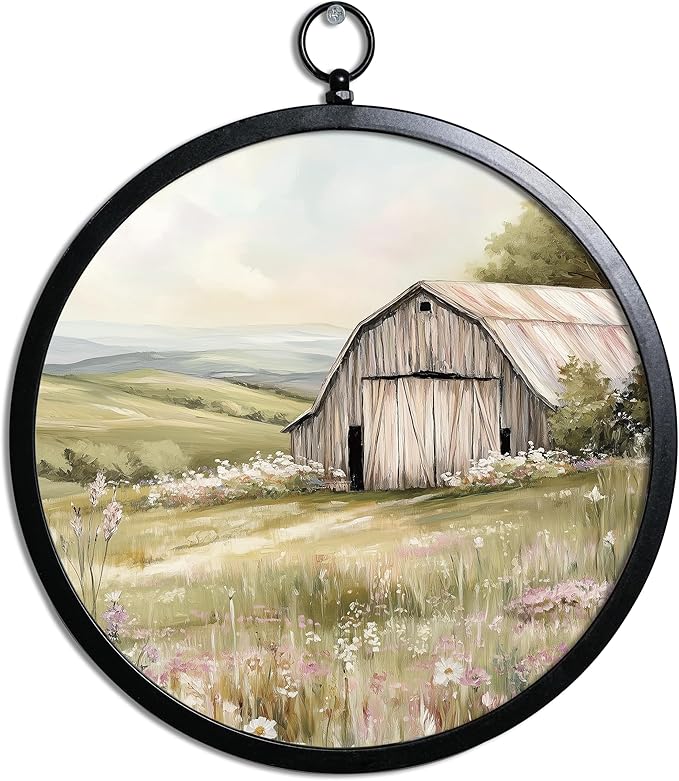 XIAOAIKA Vintage Wall Art with Metal Frame, Round Canvas Print Featuring Barn Country Field Scene, Boho Wall Decor for Living Room, Bedroom, Kitchen, Hallway, 10 Inch