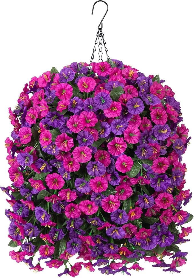 Artificial Fake Hanging Flowers in Basket for Outdoor Indoor Decoration,UV Resistant Faux Silk Dark Purple and Fuchsia Morning Glory Plants Realistic Hanging Planter for Outside Home Porch Yard