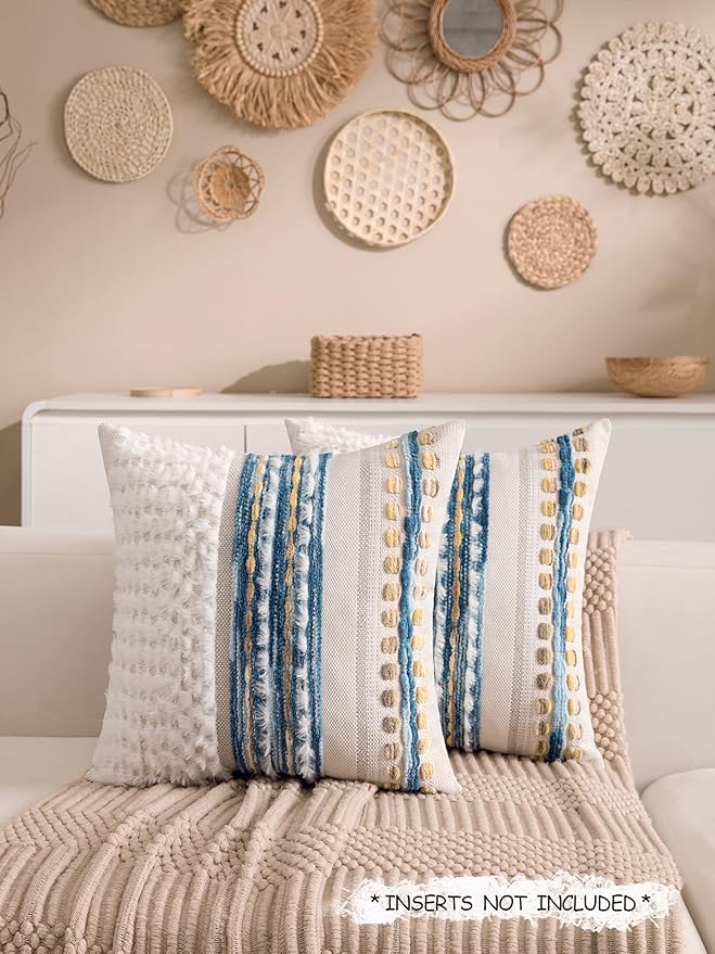 KOOLIFE Boho Chenille Tufted Couch Throw Pillow Covers 18x18 Inch Set of 2 Farmhouse Striped Decorative Pillow Covers Accent Neutral Square Pillowcase Blue Cushion Covers for Livingroom Sofa Bed