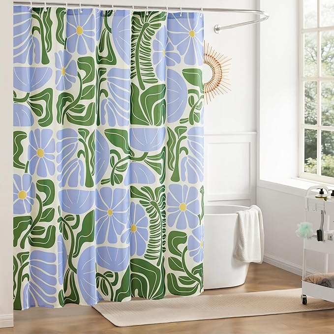 Ohocut Mid Century Modern Abstract Geometric Colorful Boho Shower Curtains for Bathroom, Cute Blue and Green Floral Retro Bathroom Shower Curtain, Waterproof Vintage Bath Curtain 72''x72''
