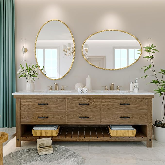 Gold Oval Bathroom Mirror, 22x30 Inch Floral Oval Mirrors for Wall, Antique Gold Metal Floral Frame Mirrors for Bedroom Living Room Hallway, Hangs Horizontally or Vertically