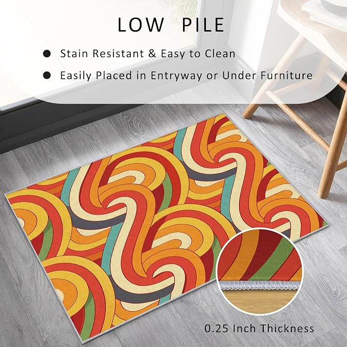 70s Retro Rug 6x8 Abstract Striped Groovy Hippie Pattern Area Rugs for Living Room, Bedroom, 70s Retro Home Decor Accessories Indoor Carpet, Non Slip & Machine Washable, GD0328