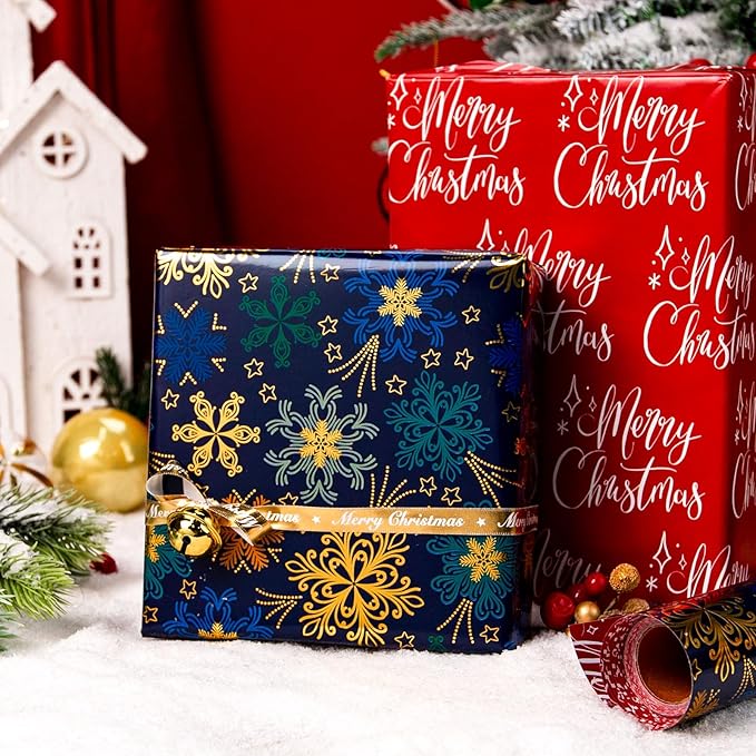 MAYPLUSS Christmas Wrapping Paper Roll - 17IN X 33FT - Green Gift Wrapping Paper Featuring Snowflake Against Dark Green Reversible Merry Christmas for Kids, Holiday, New Year